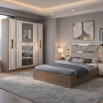 Chambre à coucher complète MC619 – Blanc & Beige (5 pièces, 6 battants)